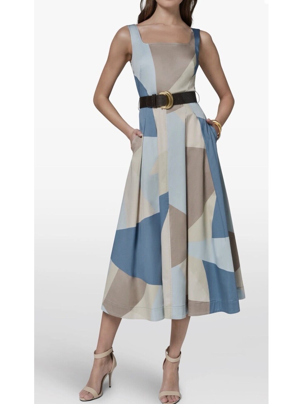 New Donna Karan Abstract Pleated Sleeveless Belted Cotton Dress Sz 14 $189